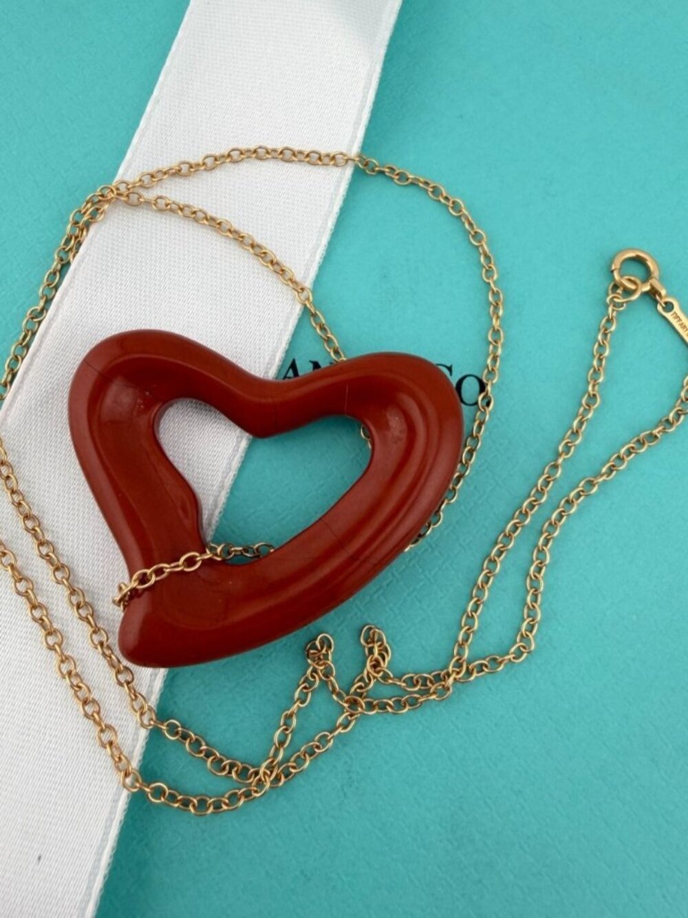 Tiffany & Co. Elsa Peretti Jasper Open Heart Necklace 18k 37mm 20in 10g Gold